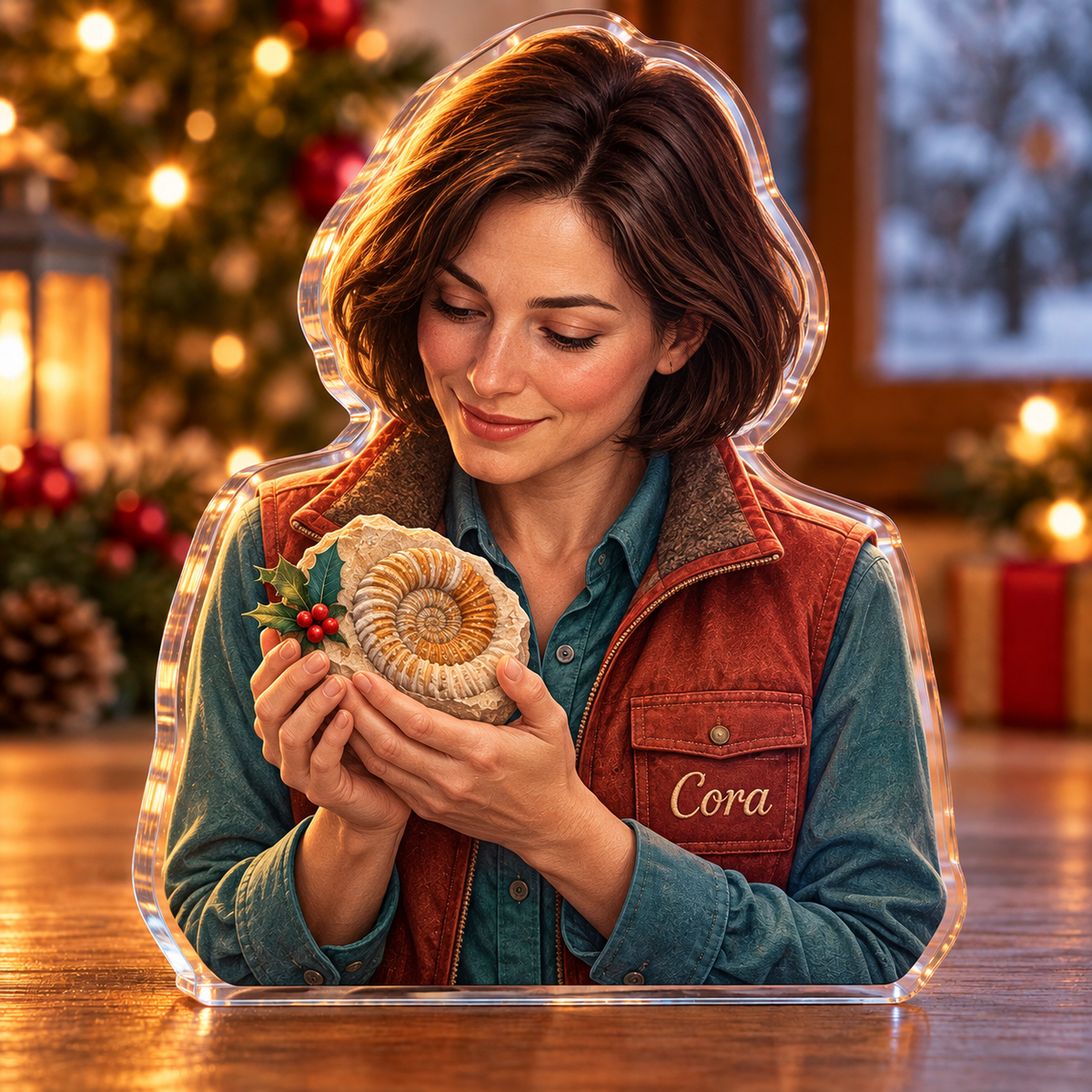 Front-view digital preview of a Christmas fossil hunter discovery acrylic plaque with example name Cora integrated into the fossil hunter vest front name embroidery