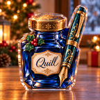 Front-view digital preview of a Christmas fountain pen inkwell acrylic plaque with example name Quill integrated into the inkwell front ivory name label
