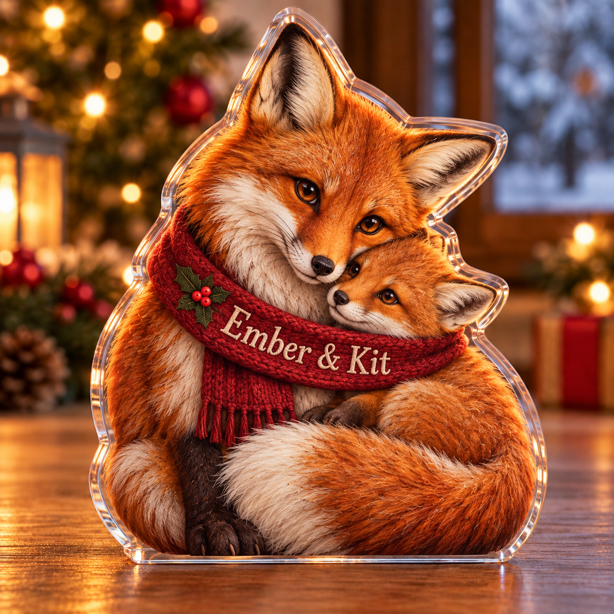 Front-view digital preview of a Christmas fox mother cub shelter acrylic plaque with example name Ember & Kit integrated into the front scarf fold name embroidery