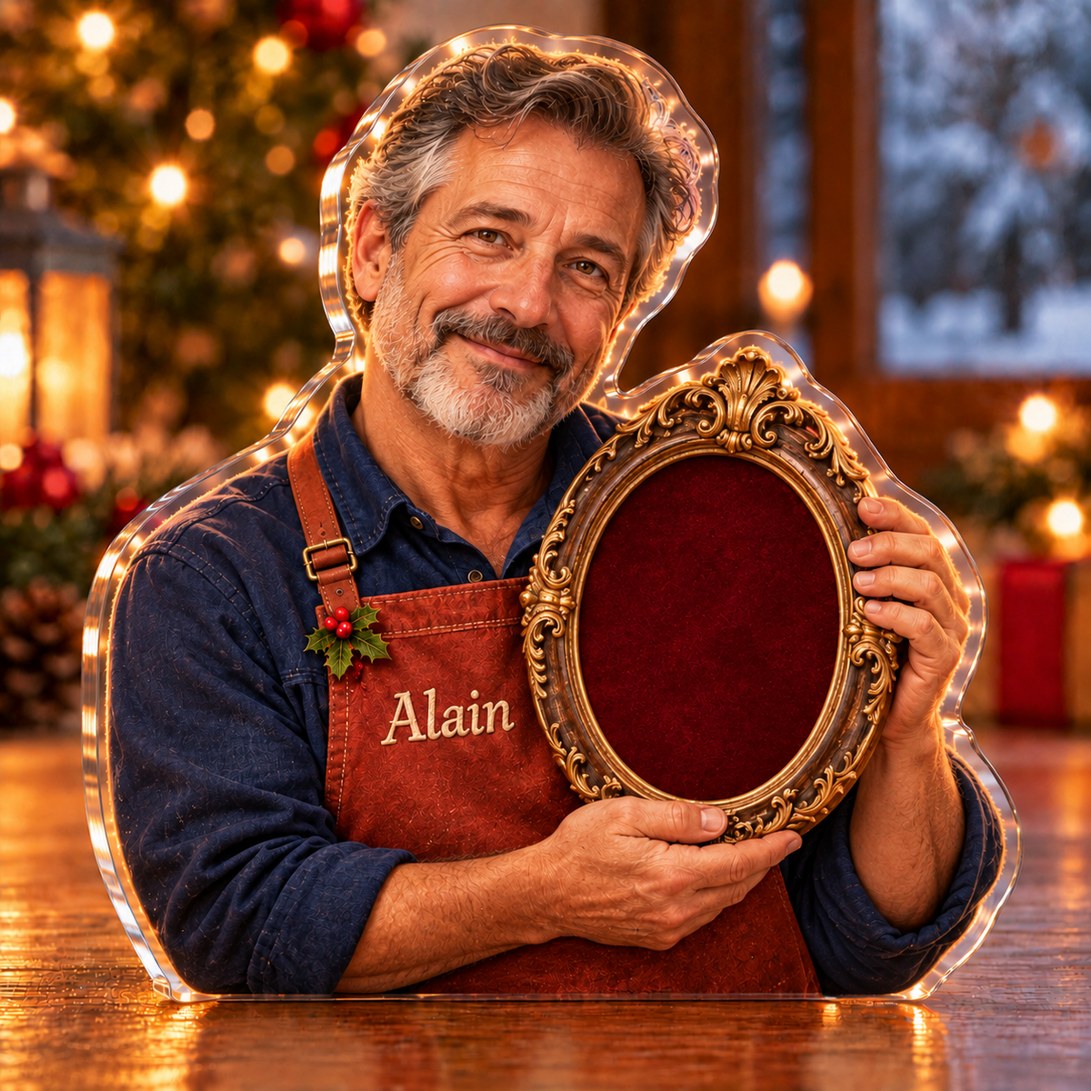 Front-view digital preview of a Christmas frame maker pride acrylic plaque with example name Alain integrated into the the illustrated front apron name stitching