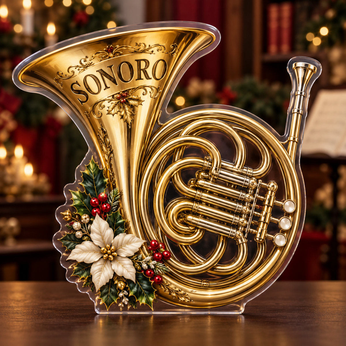 Frontal digital preview of a Christmas French horn acrylic plaque with SONORO integrated as printed engraved-look bell lettering