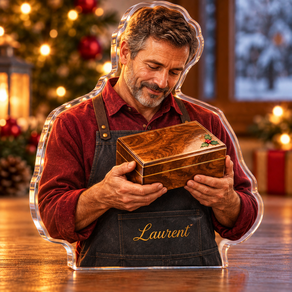 Front-view digital preview of a Christmas french polisher walnut acrylic plaque with example name Laurent integrated into the polisher apron front name embroidery