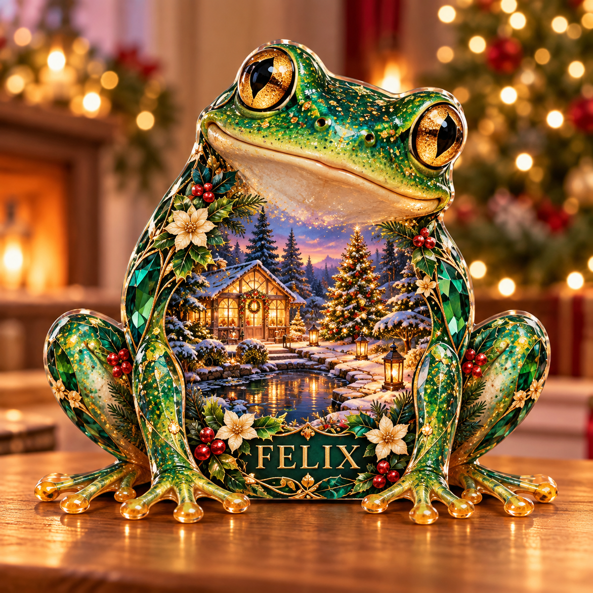 Front-view digital preview of a Christmas frog emerald watergarden acrylic plaque with example name Felix integrated into the lower intrinsic frog botanical detail