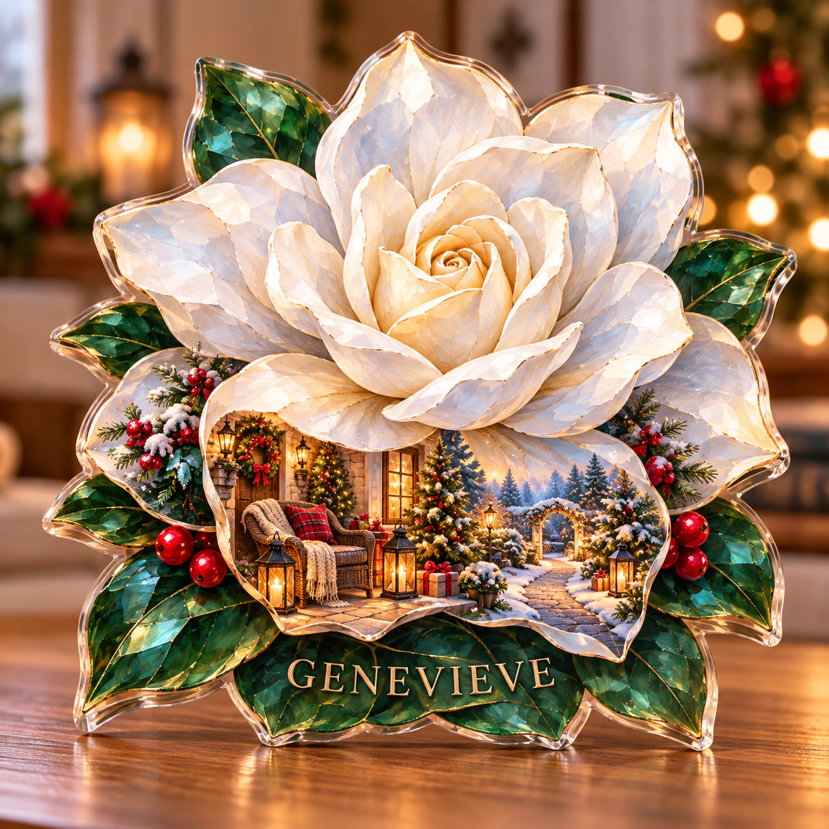 Front-view digital preview of a Christmas gardenia opal candleporch acrylic plaque with example name GENEVIEVE integrated into the lower leaf veins
