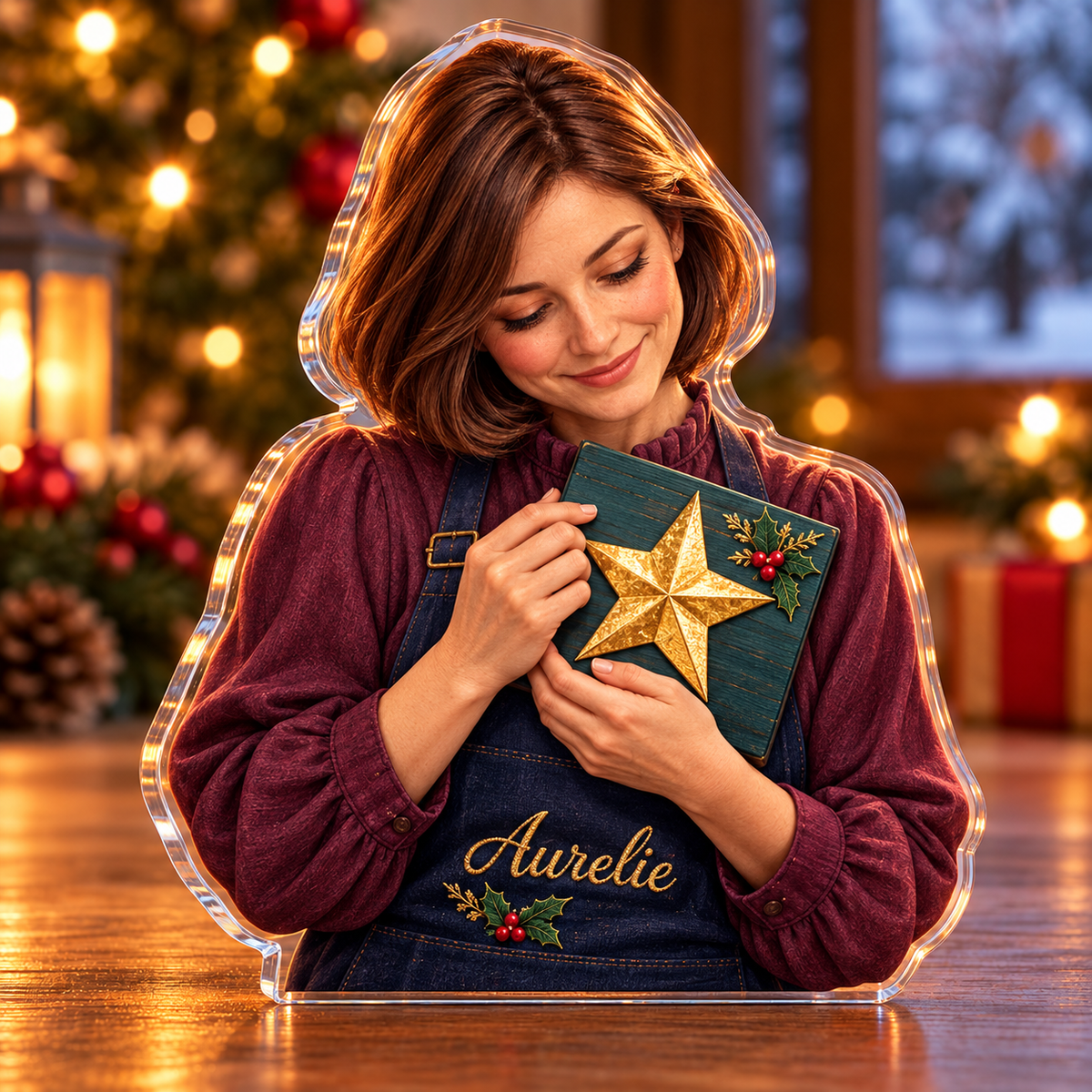 Front-view digital preview of a Christmas gilder golden star acrylic plaque with example name Aurelie integrated into the gilder apron front name embroidery