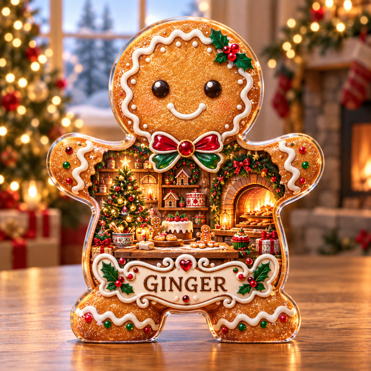 Front-view digital preview of a Christmas gingerbread amber bakery acrylic plaque with example name Ginger integrated into the lower intrinsic gingerbread icing detail