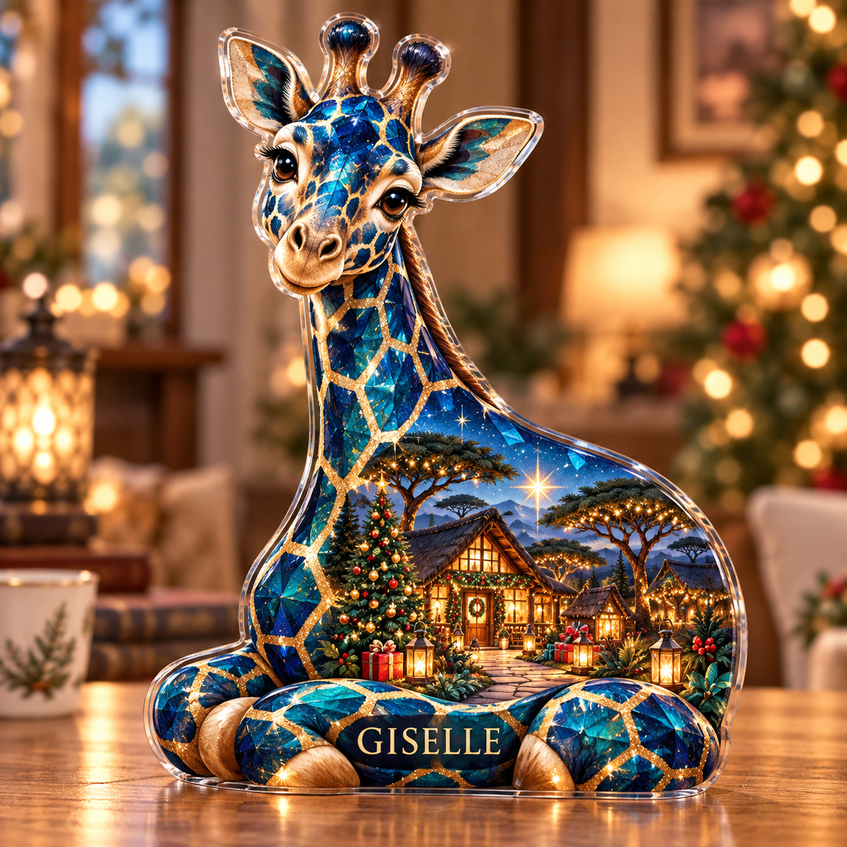 Front-view digital preview of a Christmas sapphire giraffe acrylic plaque with example name GISELLE integrated into the lowest folded haunch facets