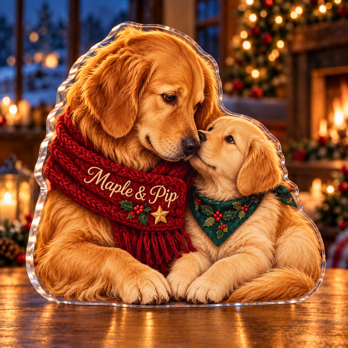 Front-view digital preview of a Christmas retriever mother puppy acrylic plaque with example name Maple & Pip integrated into the embroidered scarf fold