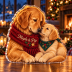 Front-view digital preview of a Christmas retriever mother puppy acrylic plaque with example name Maple & Pip integrated into the embroidered scarf fold