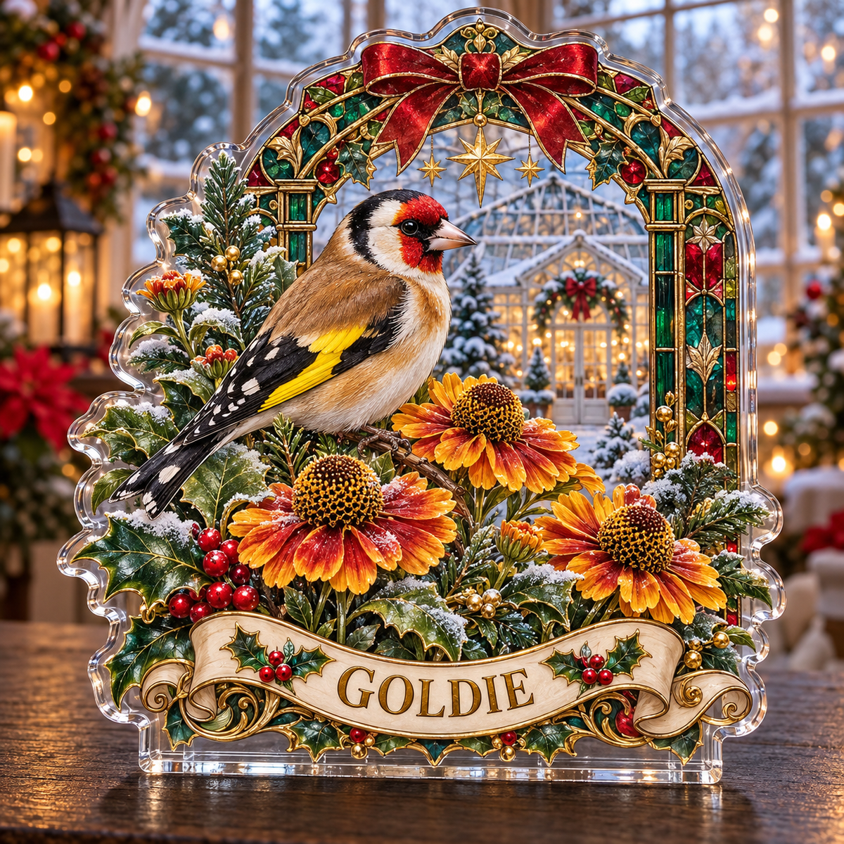 Front-view digital preview of a personalized Christmas goldfinch helenium garden acrylic plaque with example name GOLDIE
