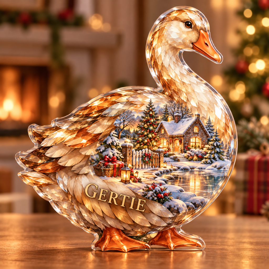 Front-view digital preview of a Christmas goose amber pondcottage acrylic plaque with example name GERTIE integrated into the lower flank feather facets