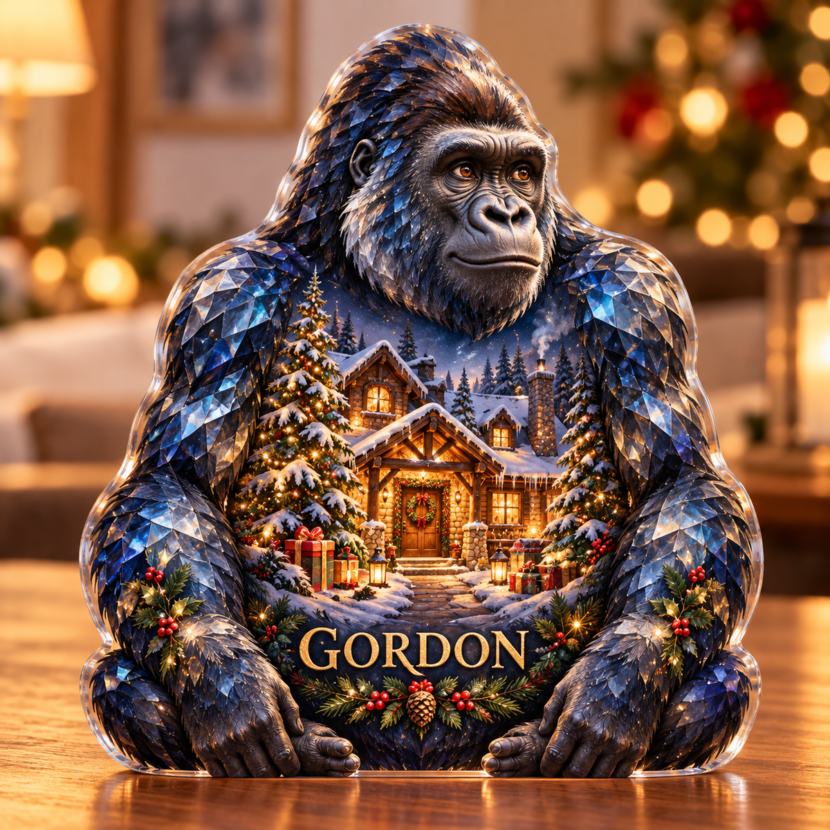 Front-view digital preview of a Christmas gorilla sapphire forestlodge acrylic plaque with example name GORDON integrated into the lower torso fur facets