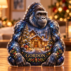 Front-view digital preview of a Christmas gorilla sapphire forestlodge acrylic plaque with example name GORDON integrated into the lower torso fur facets