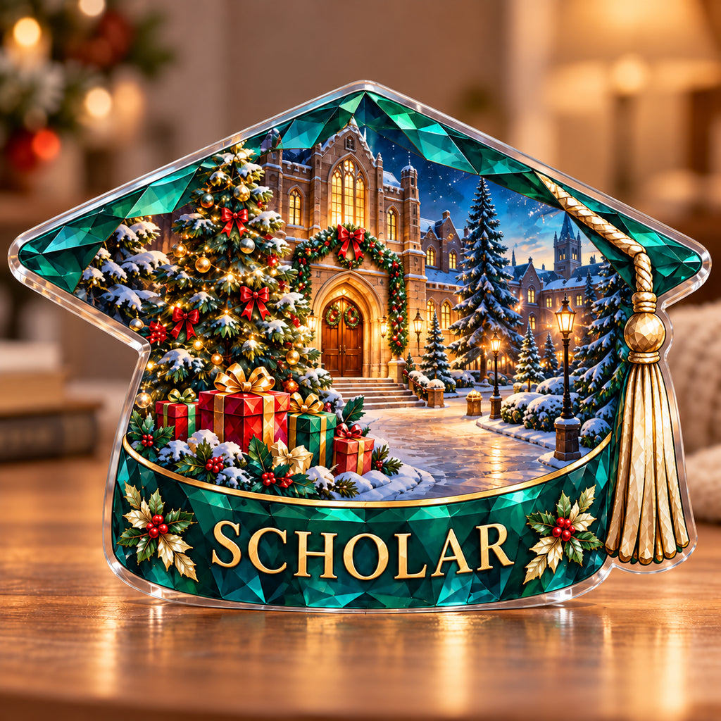 Front-view digital preview of a Christmas emerald graduation cap acrylic plaque with example name SCHOLAR integrated into the lowest cap band facets