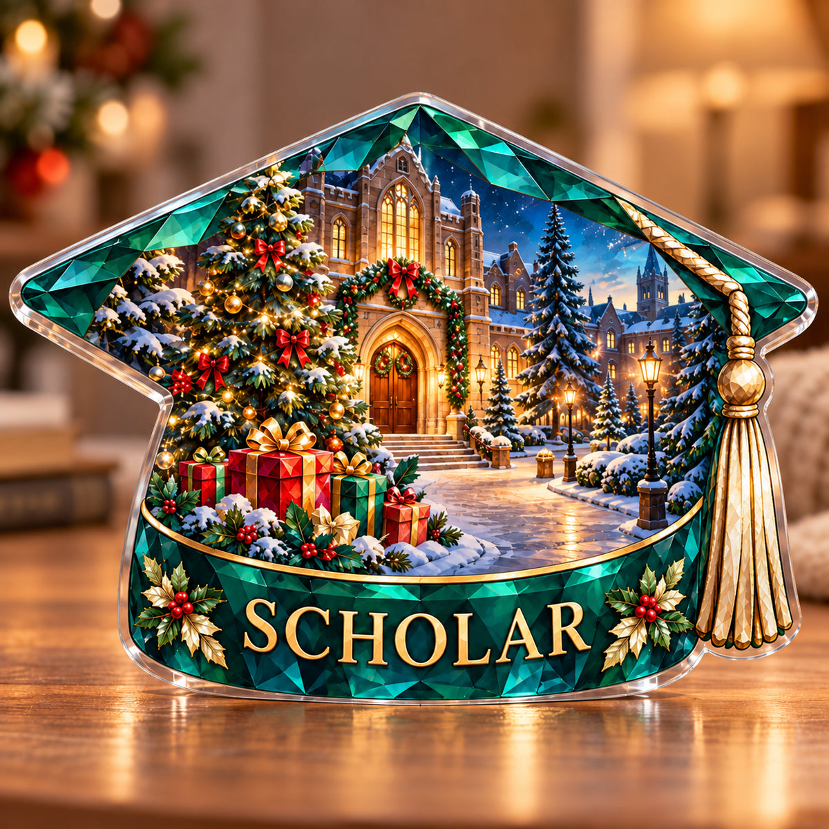 Front-view digital preview of a Christmas emerald graduation cap acrylic plaque with example name SCHOLAR integrated into the lowest cap band facets