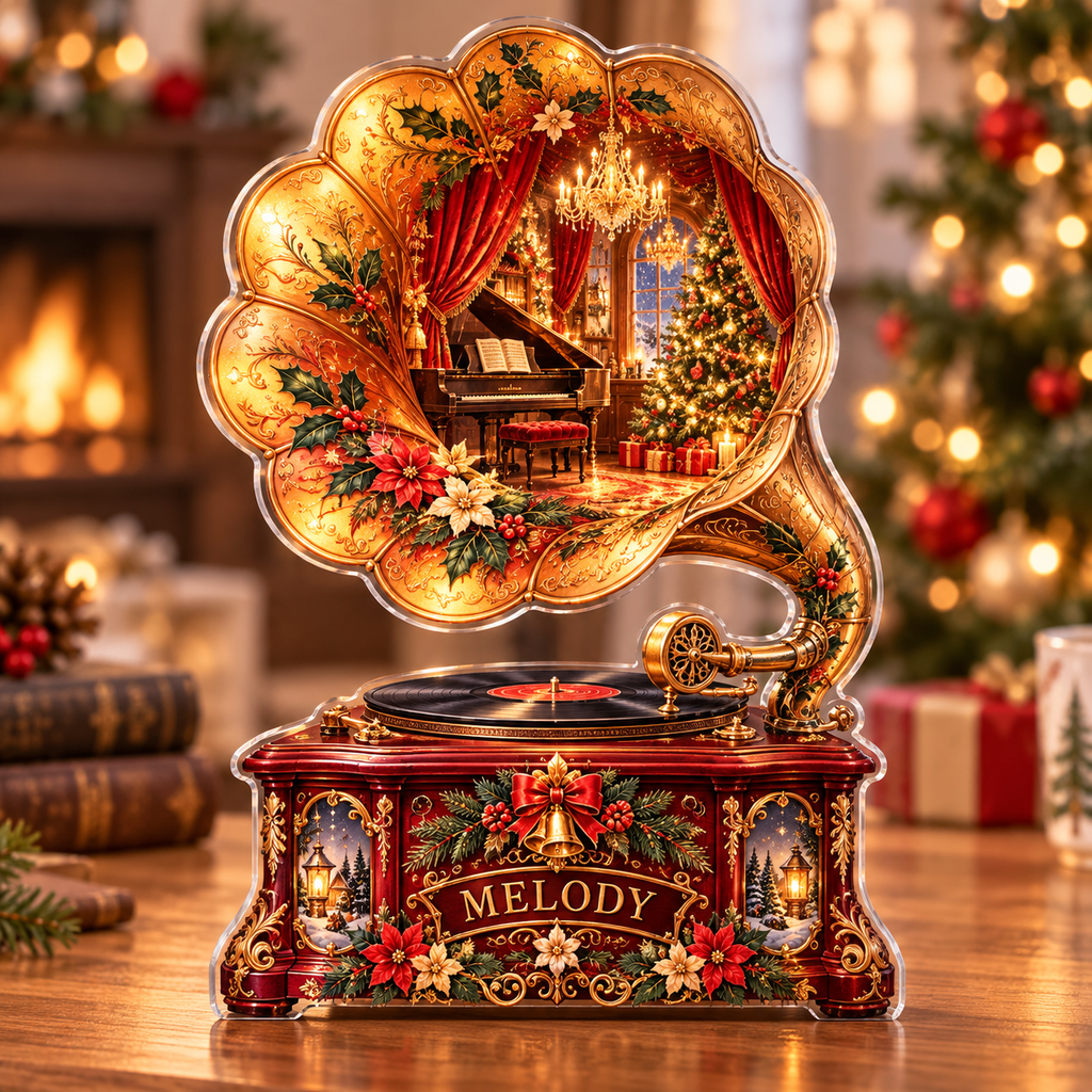 Front-view digital preview of a Christmas gramophone amber salon acrylic plaque with example name Melody integrated into the lower intrinsic gramophone cabinet detail