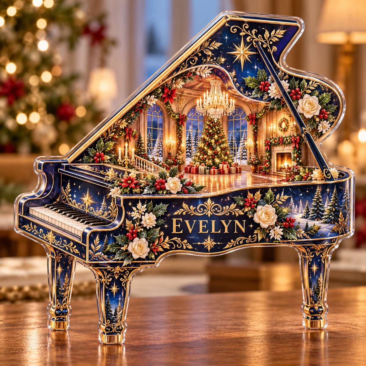 Front-view digital preview of a Christmas grand piano sapphire ballroom acrylic plaque with example name Evelyn integrated into the lower piano floral detail