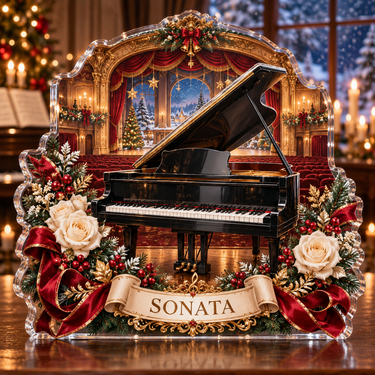 Front-view digital preview of a personalized Christmas grand piano rose theater acrylic plaque with example name SONATA