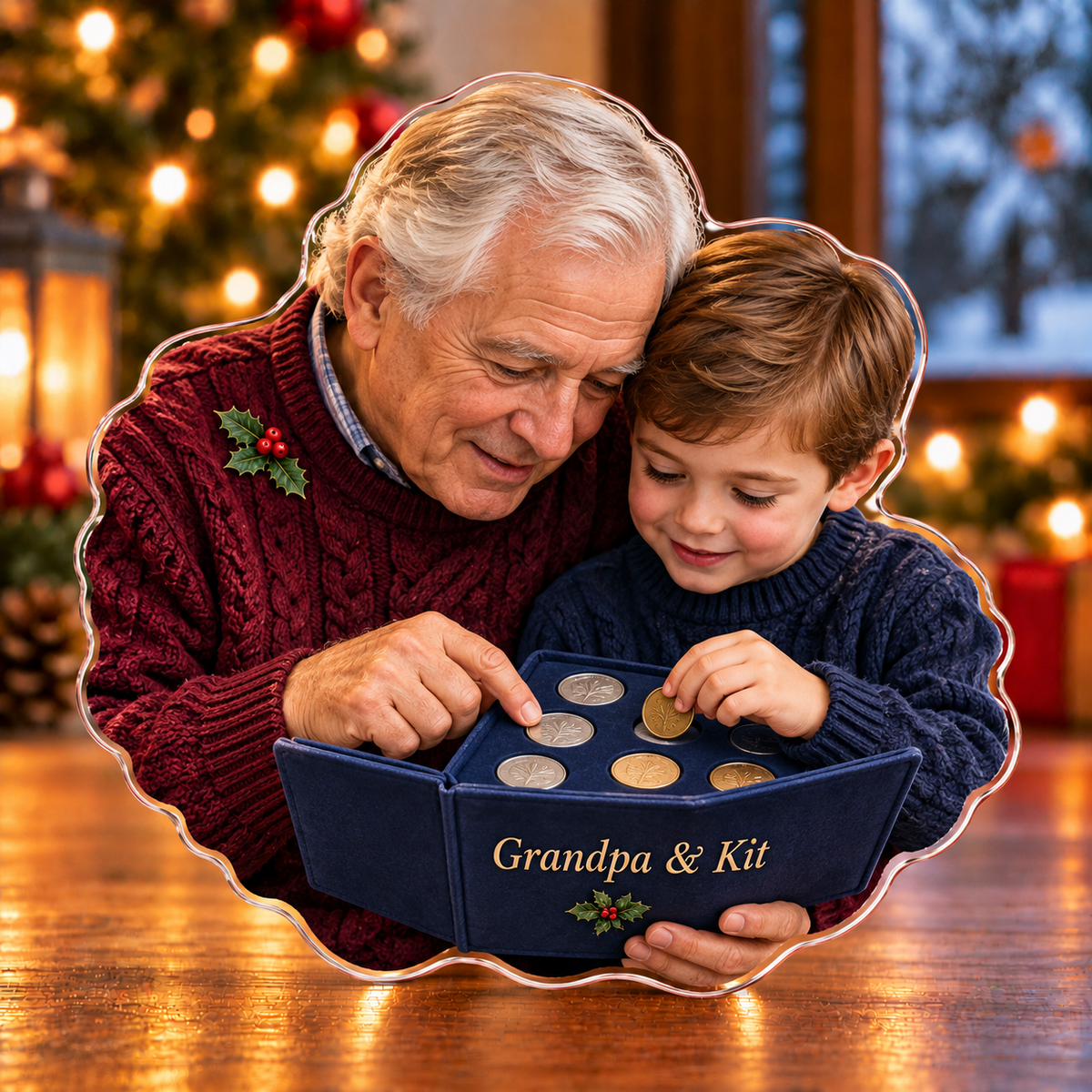 Front-view digital preview of a Christmas grandfather coin memory acrylic plaque with example name Grandpa & Kit integrated into the folder lower panel