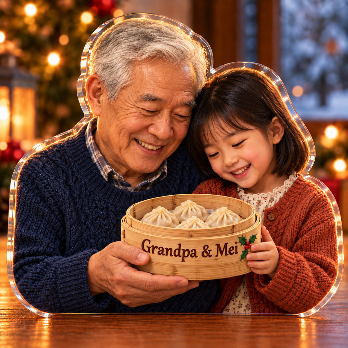 Front-view digital preview of a Christmas dumpling family joy acrylic plaque with example name Grandpa & Mei integrated into the the illustrated front basket band name detail