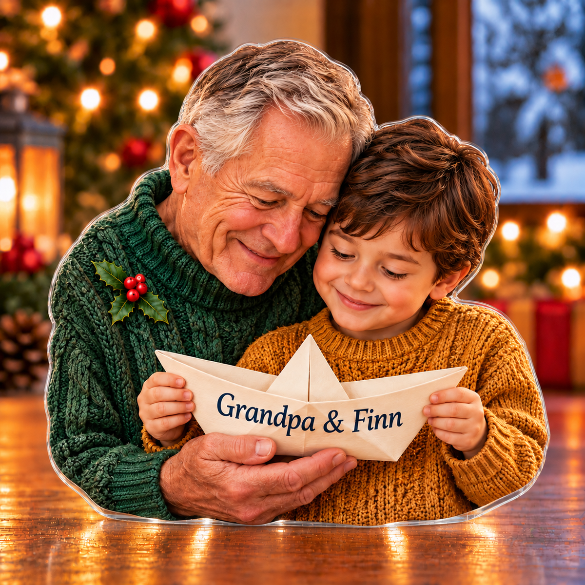 Front-view digital preview of a Christmas grandfather paper boat acrylic plaque with example name Grandpa & Finn integrated into the paper boat side