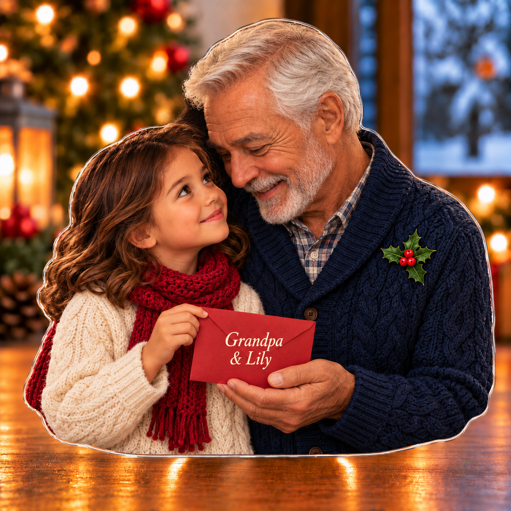 Front-view digital preview of a Christmas grandpa first letter memory acrylic plaque with example name Grandpa & Lily integrated into the front envelope surface