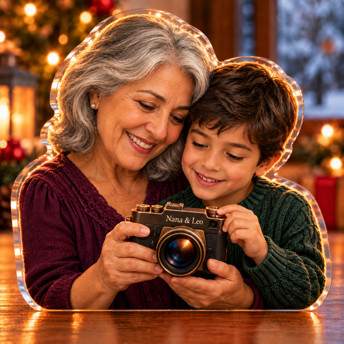Front-view digital preview of a Christmas camera family memory acrylic plaque with example name Nana & Leo integrated into the the illustrated camera front name label