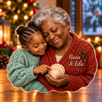 Front-view digital preview of a Christmas grandmother shell memory acrylic plaque with example name Nana & Isla integrated into the grandmother cardigan chest