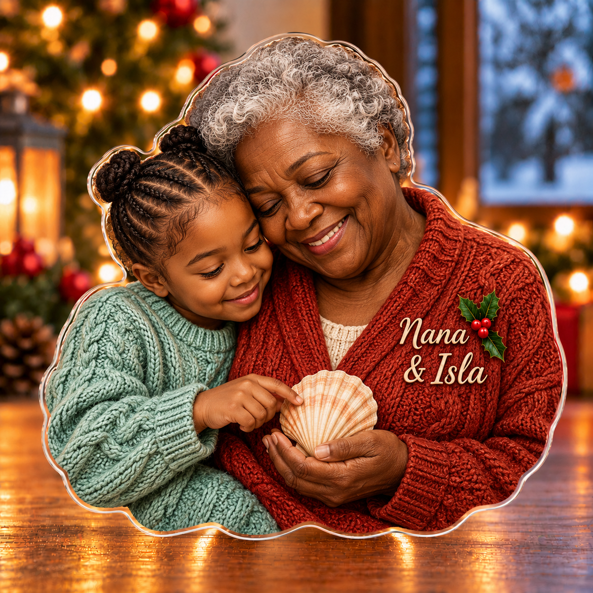 Front-view digital preview of a Christmas grandmother shell memory acrylic plaque with example name Nana & Isla integrated into the grandmother cardigan chest