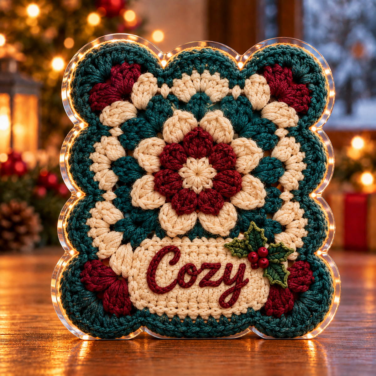 Front-view digital preview of a Christmas granny square cozy acrylic plaque with example name Cozy integrated into the the illustrated lower stitch panel name detail