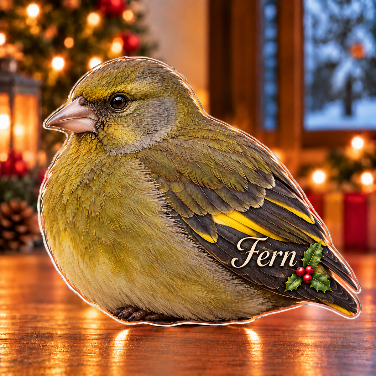 Front-view digital preview of a Christmas greenfinch garden note acrylic plaque with example name Fern integrated into the lower folded wing