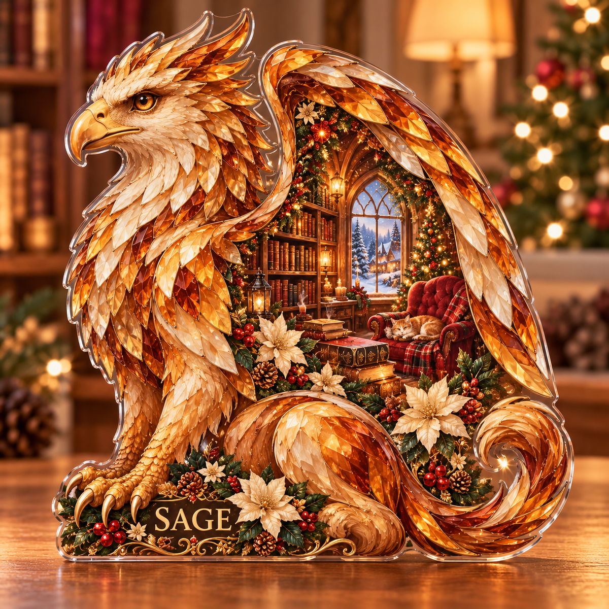 Front-view digital preview of a Christmas griffin amber archive acrylic plaque with example name Sage integrated into the lower intrinsic floral detail