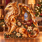 Front-view digital preview of a Christmas griffin amber archive acrylic plaque with example name Sage integrated into the lower intrinsic floral detail