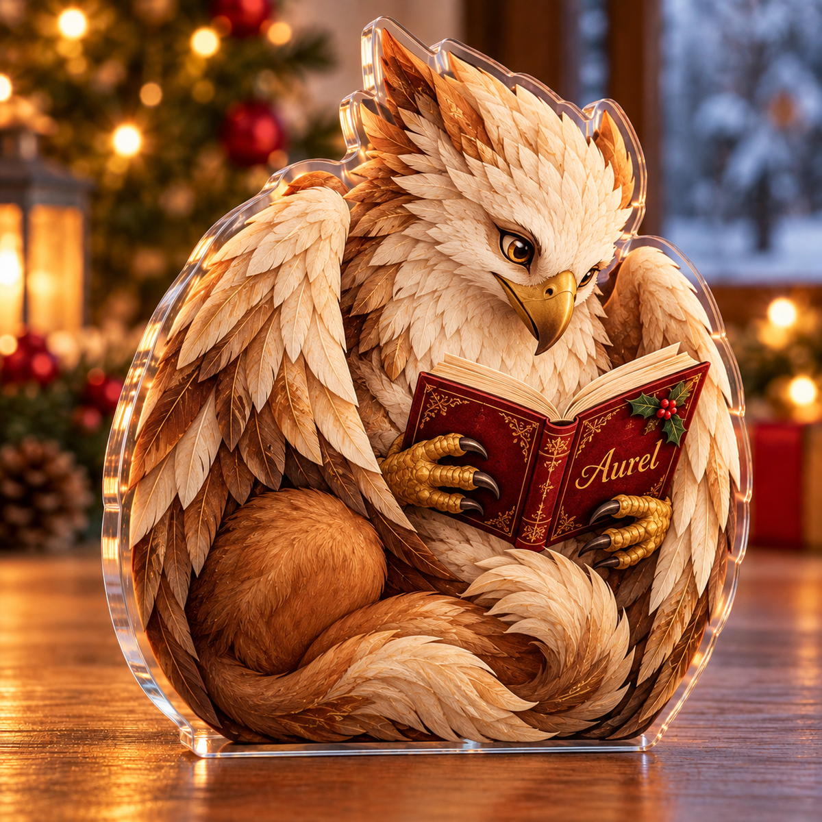 Front-view digital preview of a Christmas griffin storybook acrylic plaque with example name Aurel integrated into the illustrated book front cover