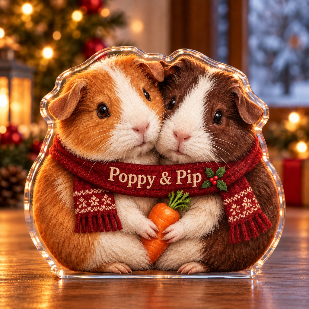 Front-view digital preview of a Christmas guinea pig carrot sharing acrylic plaque with example name Poppy & Pip integrated into the front scarf fold name embroidery