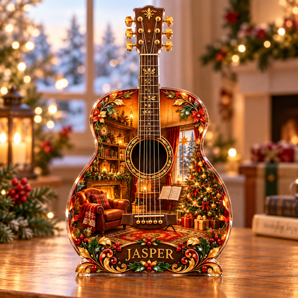 Front-view digital preview of a Christmas guitar amber acoustic acrylic plaque with example name Jasper integrated into the lower intrinsic guitar botanical detail