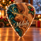 Front-view digital preview of a Christmas guitar pick melody acrylic plaque with example name Melody integrated into the the illustrated front pick name detail