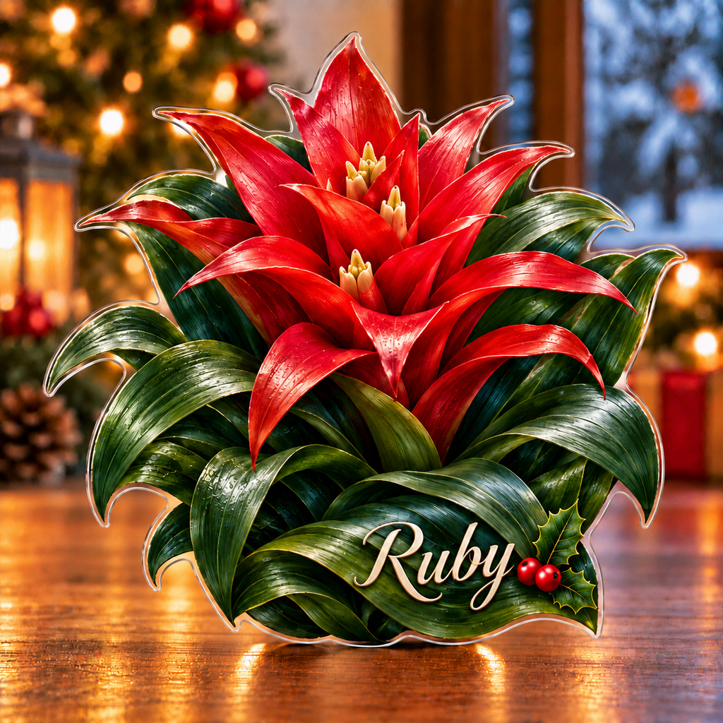 Front-view digital preview of a Christmas guzmania scarlet star acrylic plaque with example name Ruby integrated into the broad lower green leaf