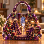 Front-view digital preview of a Christmas handbag amethyst coutureroom acrylic plaque with example name COLETTE integrated into the intrinsic lower bag seam