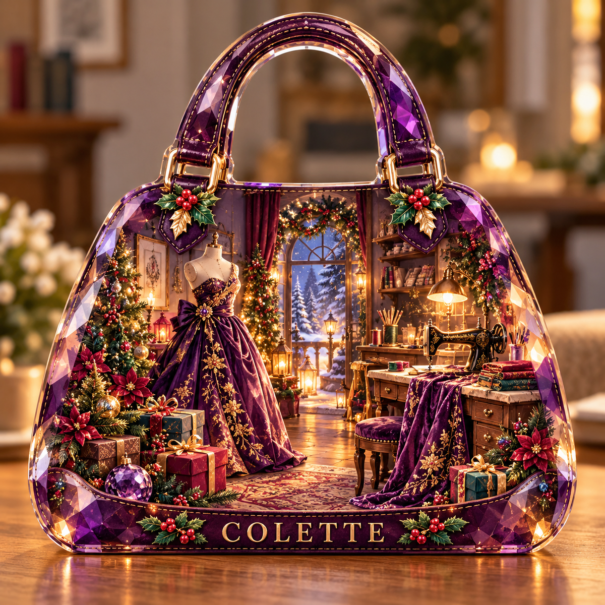 Front-view digital preview of a Christmas handbag amethyst coutureroom acrylic plaque with example name COLETTE integrated into the intrinsic lower bag seam