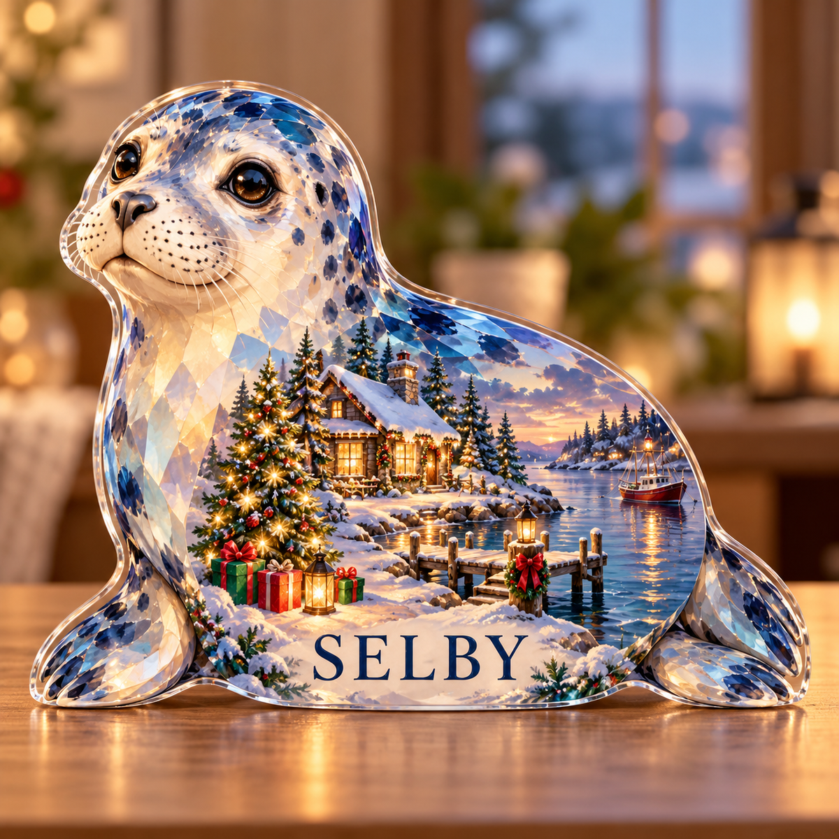 Front-view digital preview of a Christmas opal harbor seal acrylic plaque with example name SELBY integrated into the lowest belly facets