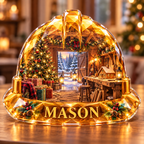 Front-view digital preview of a Christmas hard hat amber builderslodge acrylic plaque with example name MASON integrated into the intrinsic lower hat brim