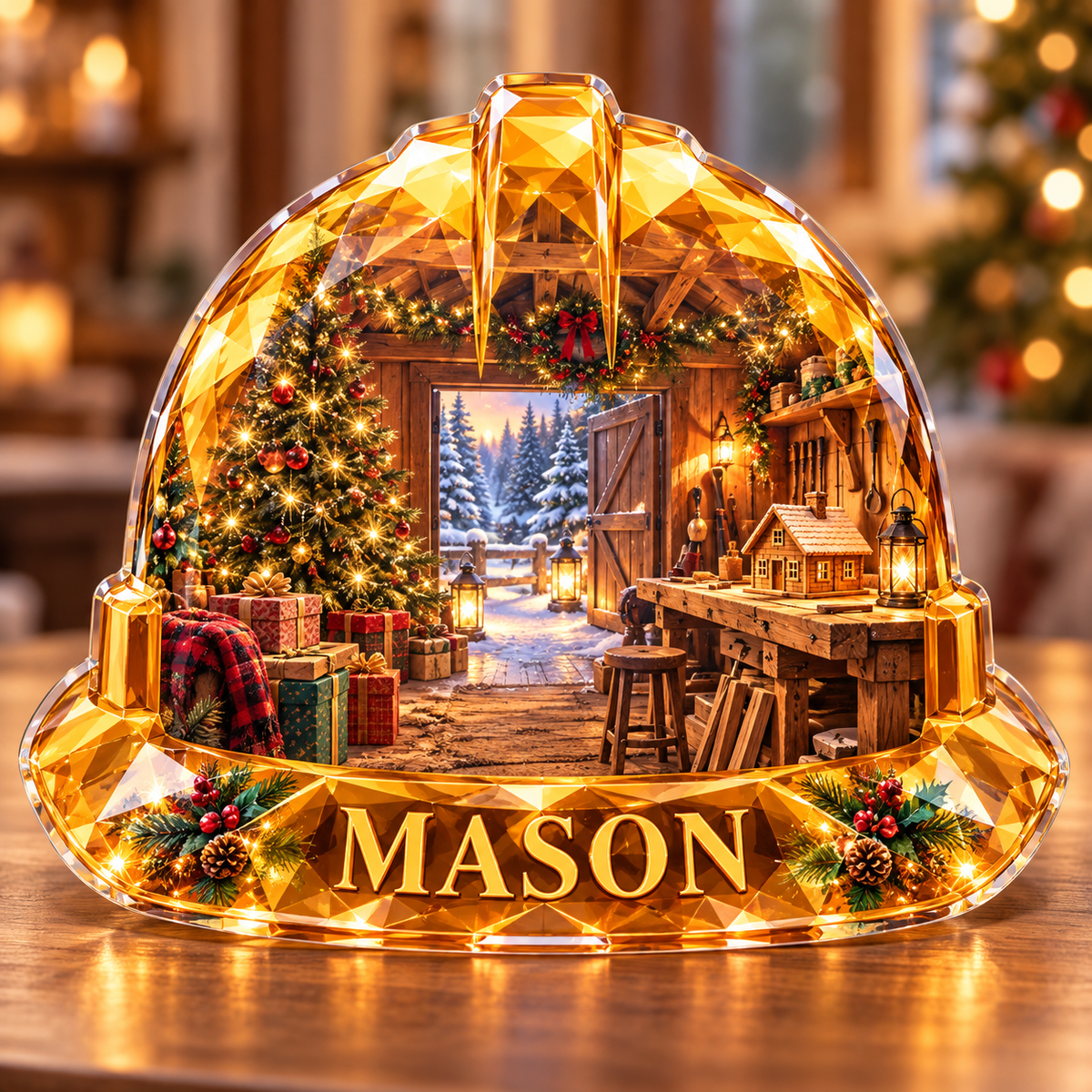 Front-view digital preview of a Christmas hard hat amber builderslodge acrylic plaque with example name MASON integrated into the intrinsic lower hat brim