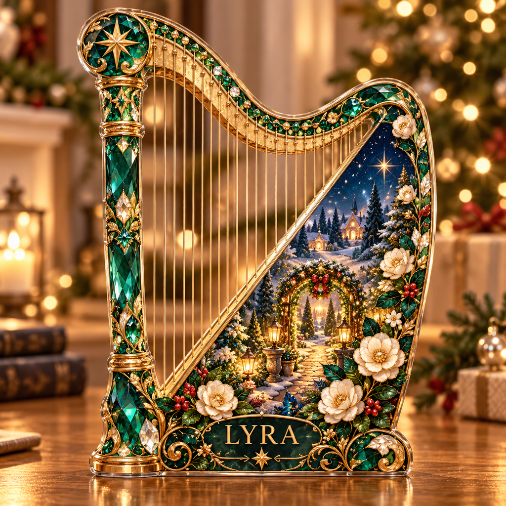 Front-view digital preview of a Christmas harp starlit garden acrylic plaque with example name Lyra integrated into the lower soundboard floral detail