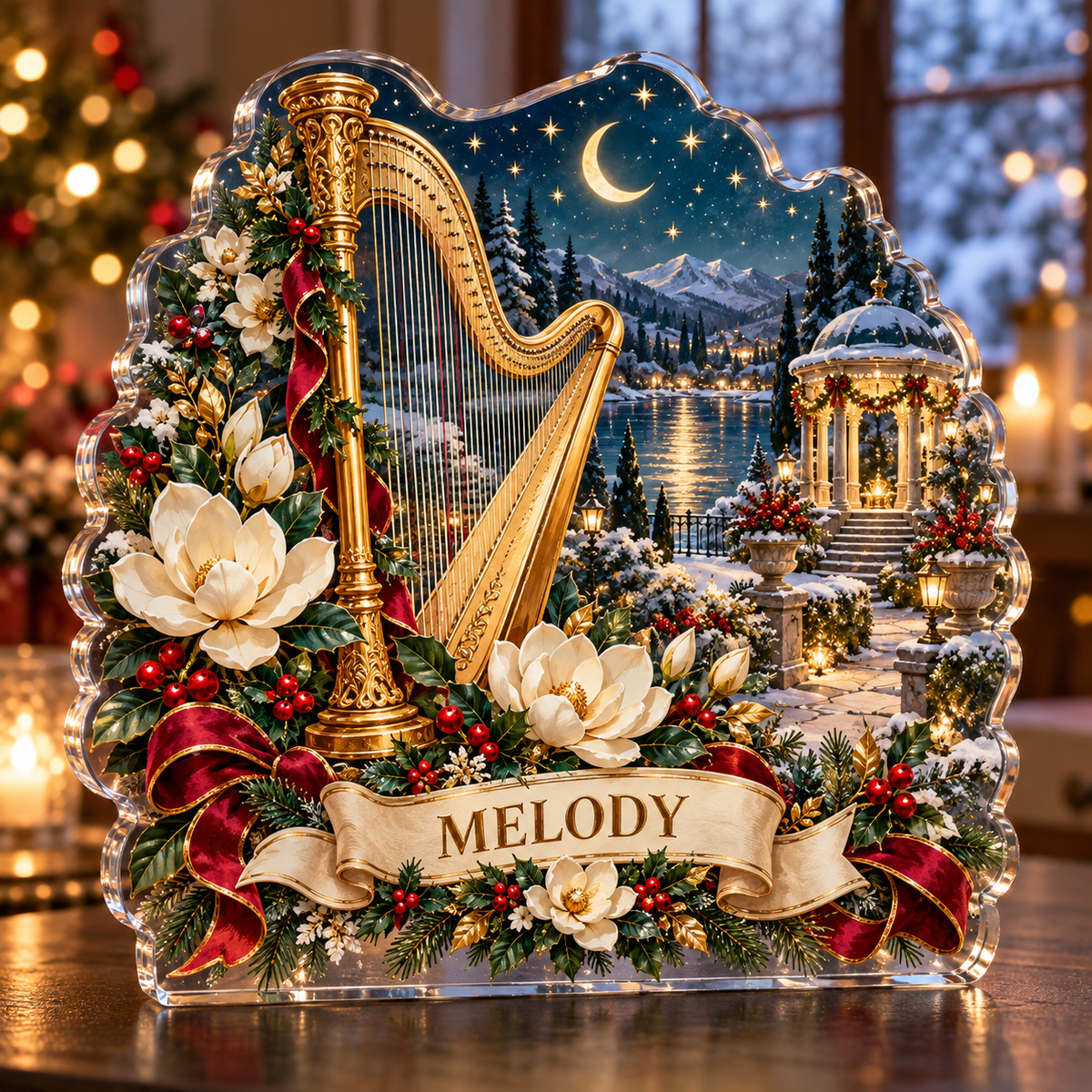 Front-view digital preview of a personalized Christmas harp magnolia moon acrylic plaque with example name MELODY