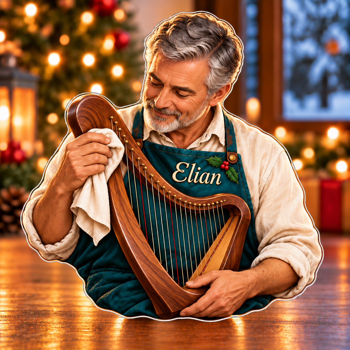 Front-view digital preview of a Christmas harp maker wooden melody acrylic plaque with example name Elian integrated into the work apron chest