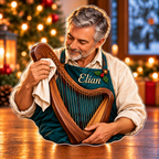 Front-view digital preview of a Christmas harp maker wooden melody acrylic plaque with example name Elian integrated into the work apron chest