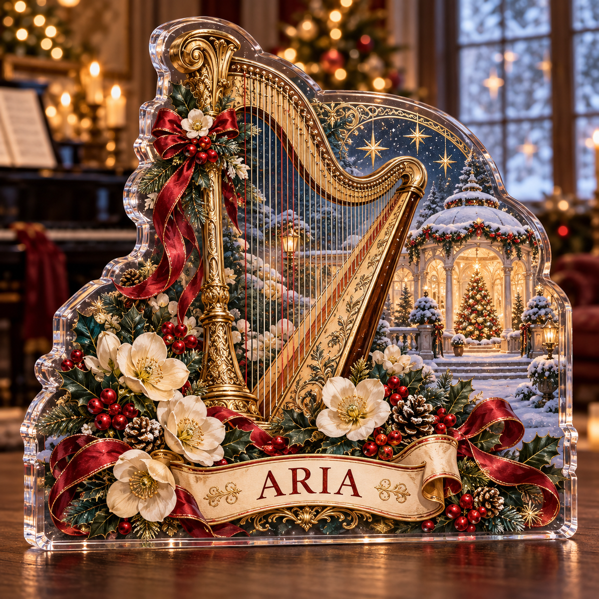 Front-view digital preview of a personalized Christmas harp winter rose pavilion acrylic plaque with example name ARIA