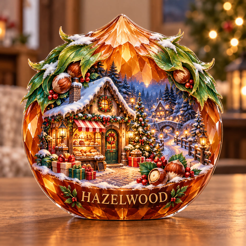 Front-view digital preview of a Christmas amber hazelnut acrylic plaque with example name HAZELWOOD integrated into the lowest intrinsic hazelnut shell facets