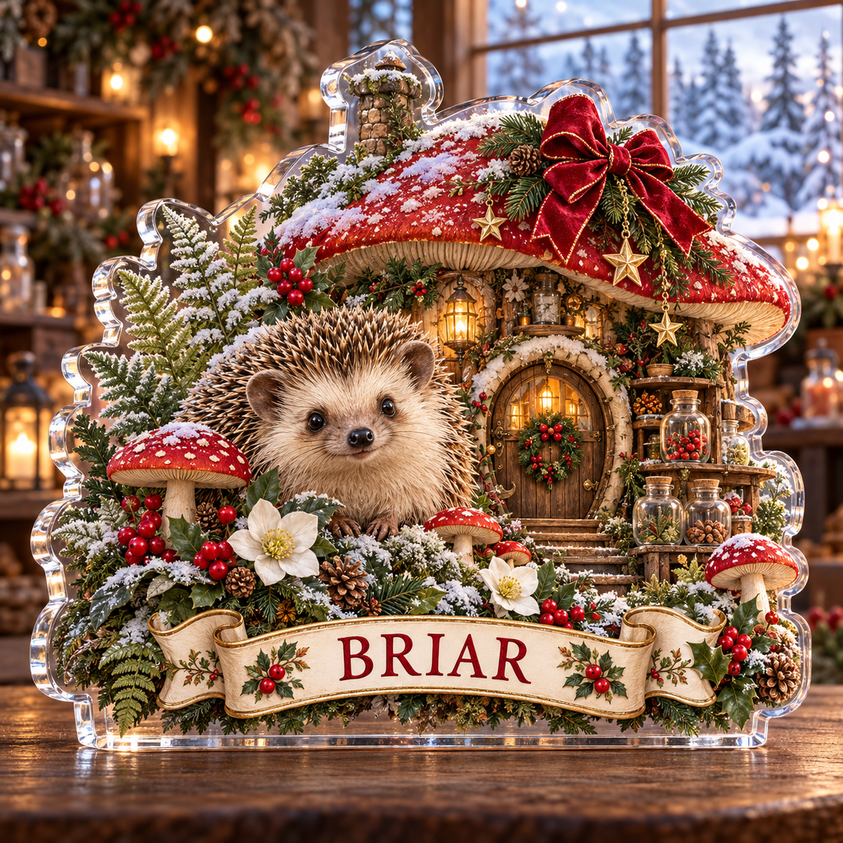 Front-view digital preview of a personalized Christmas hedgehog mushroom apothecary acrylic plaque with example name BRIAR